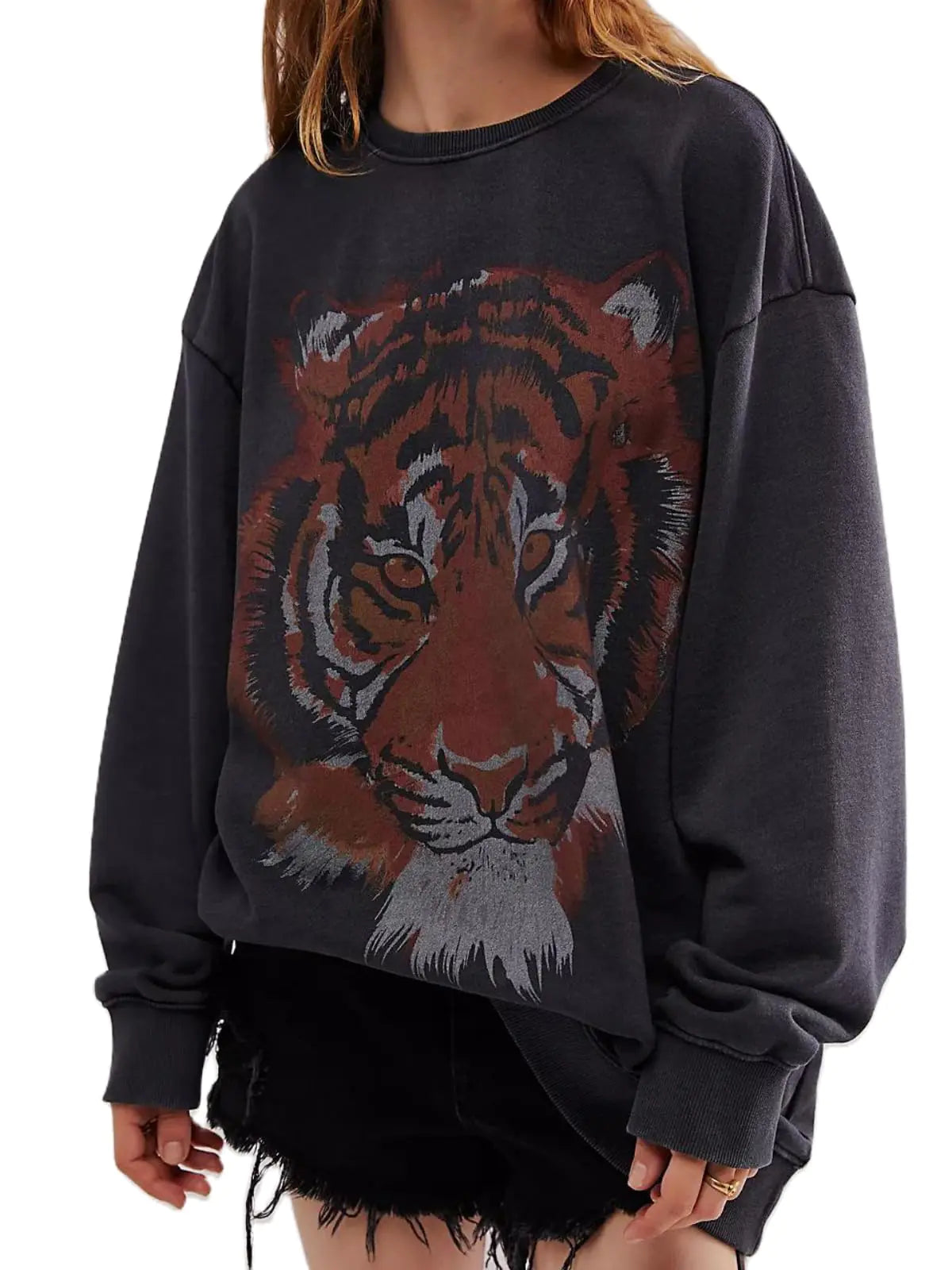 Leyajedol Women Oversized Graphic Sweatshirt Long Sleeve Tiger Printed Shirt Pullover Y2k Aesthetic Tops Fall Streetwear(GreyL)