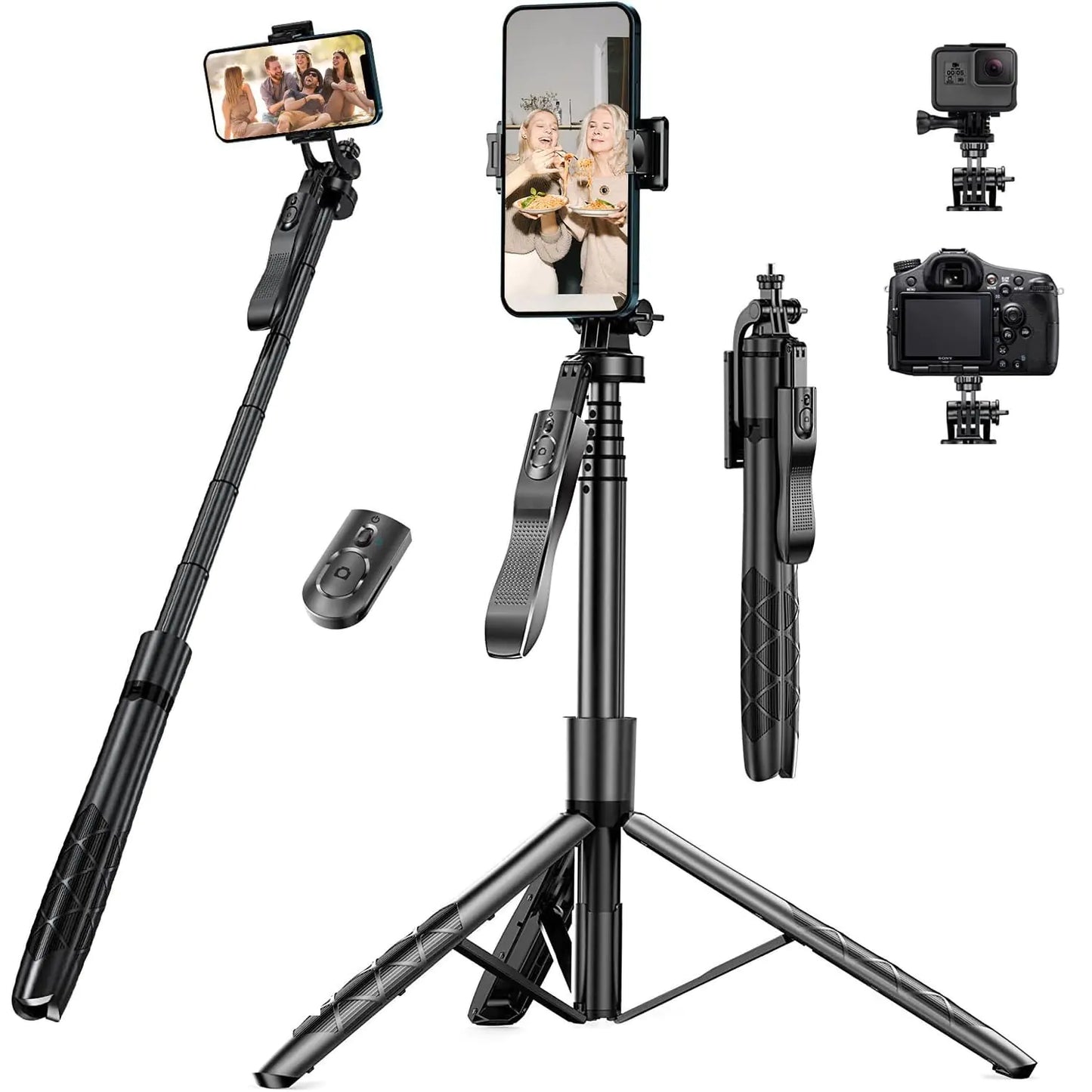 60" Selfie Stick Phone Tripod - Extendable Selfie Stick Tripod Stand with Remote 360° Rotating Portable Travel Tripod Phone Stabilizer for iPhone Android Camera Video Recording Vlogs