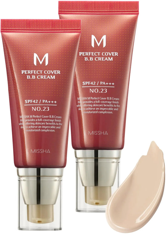 MISSHA M Perfect Cover BB Cream No.23 (2 Pack) Natural Beige for Light with Neutral Skin Tone SPF 42 PA +++ 1.69 Fl Oz - Tinted Moisturizer for face with SPF
