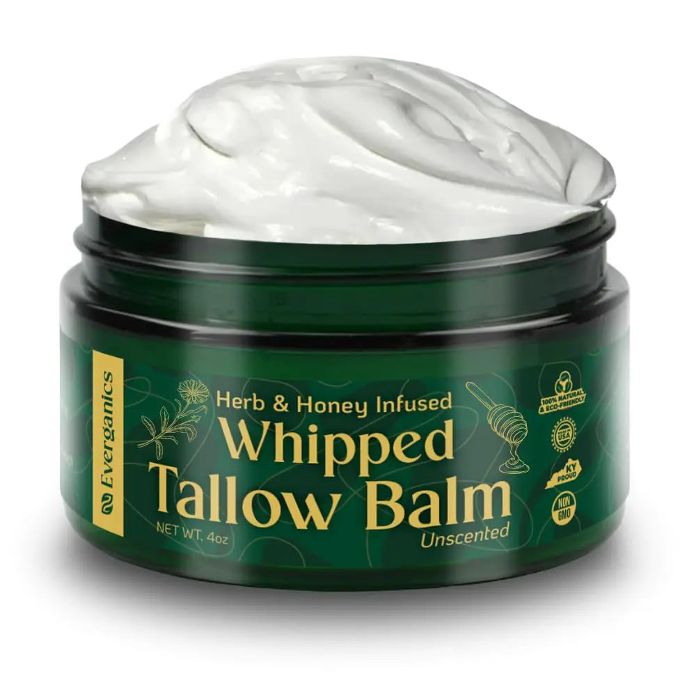 Everganics Organic Whipped Beef Tallow Balm | Honey Balm Grass Fed Beef Tallow for Skin Infused w/Herb - Manuka Honey | Beef Tallow for Face Moisturizer for Eczema & Dry Skin Relief | Unscented 4oz